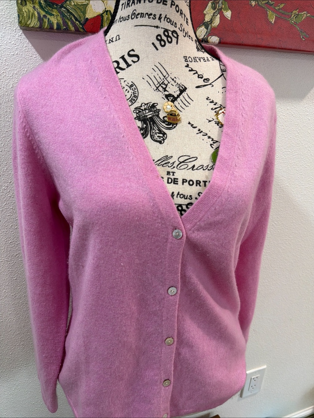 Lands' End Soft Pink V-Neck Button Front Cardigan 100% Cashmere